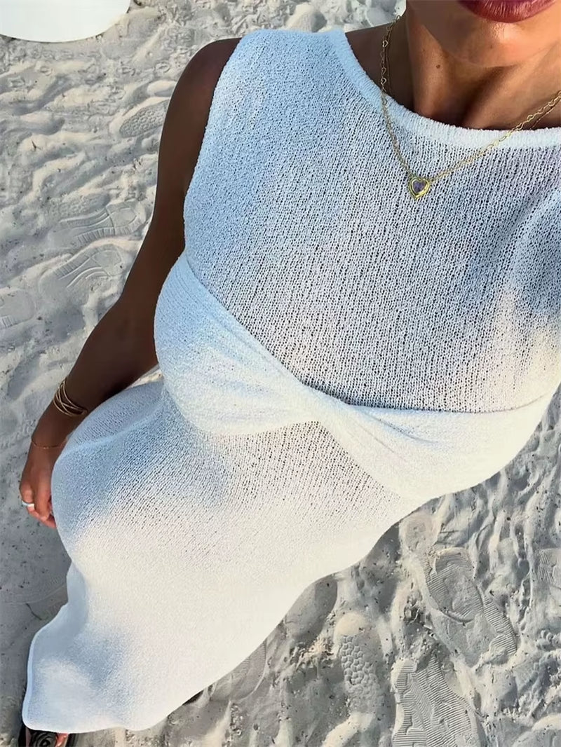 Summer Beach Knit Maxi Dress for Women Cover-Up Pink Sleeveless Twist Sundress Knitwear See-Through Maxi Bodycon Dress New