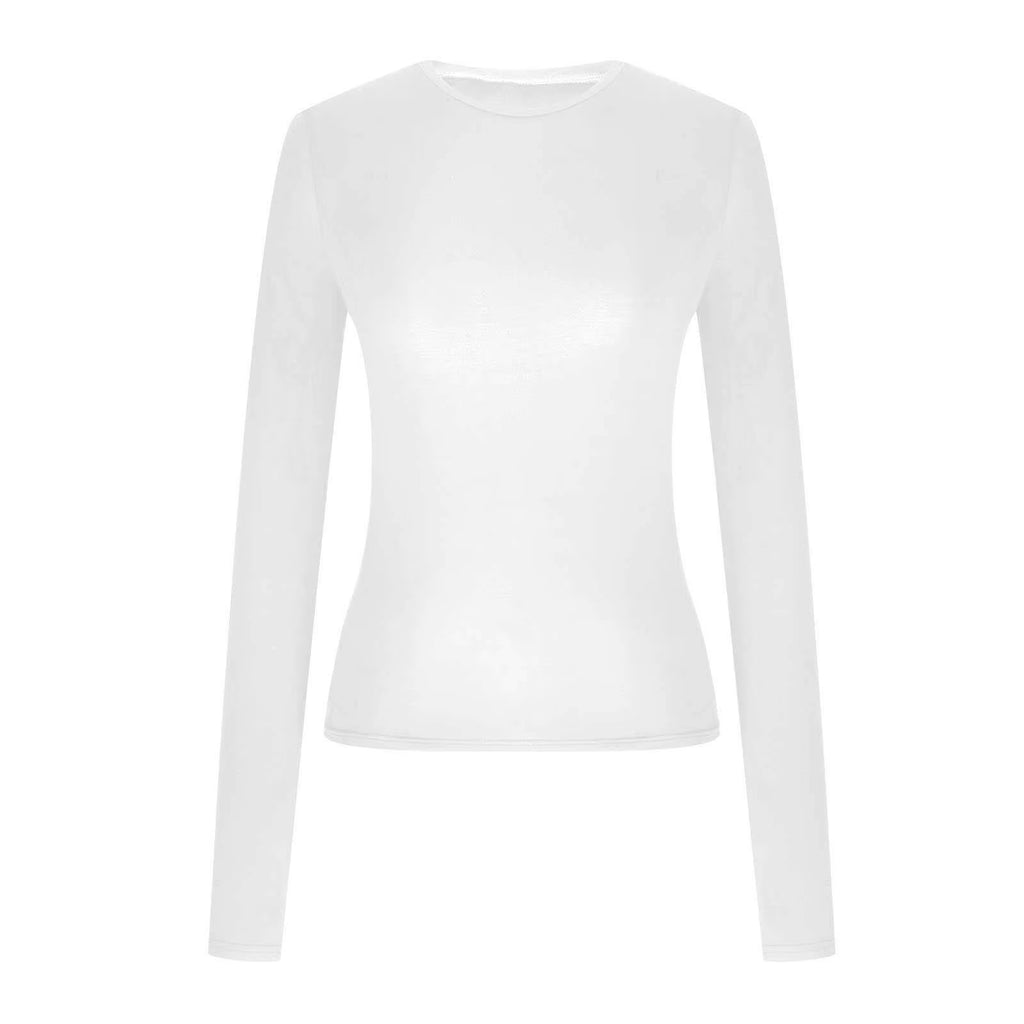 Fall Womens plus Size Tops Long Sleeve Cropped White Casual Shirts Solid Crew Neck Slim Womens Tshirts