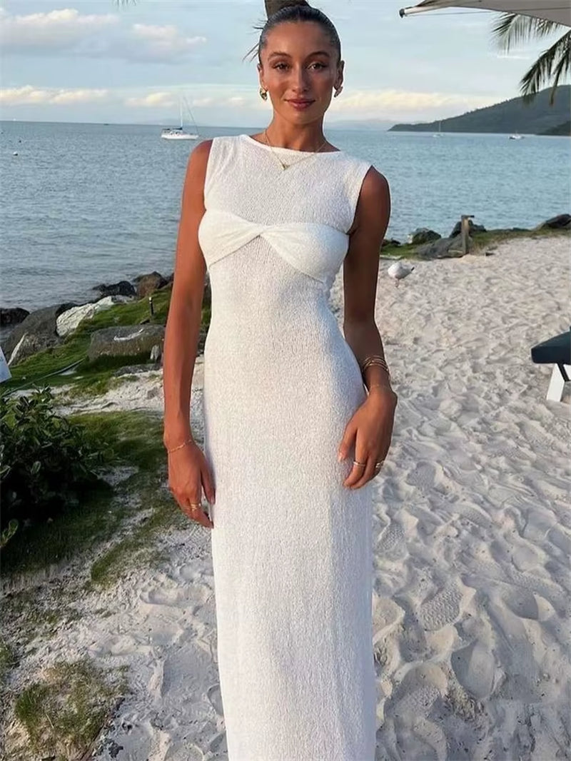 Summer Beach Knit Maxi Dress for Women Cover-Up Pink Sleeveless Twist Sundress Knitwear See-Through Maxi Bodycon Dress New