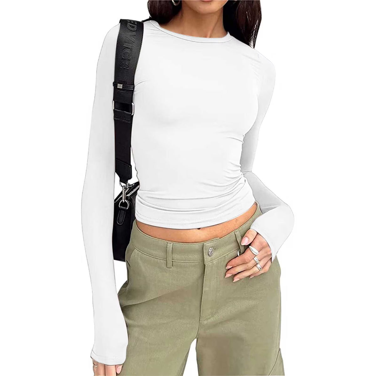 Fall Womens plus Size Tops Long Sleeve Cropped White Casual Shirts Solid Crew Neck Slim Womens Tshirts