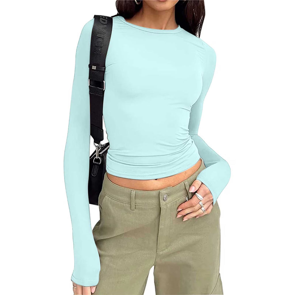 Fall Womens plus Size Tops Long Sleeve Cropped White Casual Shirts Solid Crew Neck Slim Womens Tshirts